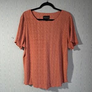 Connected Womens 3X‎ Coral Orange Short Sleeve Blouse Crinkle Textured Stretch